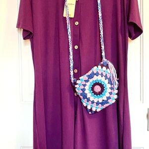 Purple Button-Up Dress with new, hand made Crochet Bag